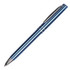 A blue and silver stylus plastic pen with sleek, striped design and a clip for easy attachment.