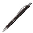 A black metal pen with chrome accents and a sleek design. It features a clip and a logo.