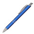 A blue metal pen with silver accents and a clip, featuring a sleek design and a logo.
