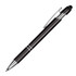 A metal pen in black with a textured grip and silver accents, featuring a branding logo.