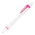 A plastic pen in white with pink accents and a grip, featuring a logo on the side.
