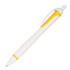 A white plastic pen with yellow accents and a clip, featuring a branding logo.