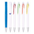 A set of six plastic pens in white with assorted clip colours: blue, red, green, orange, and yellow.