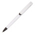 A plastic pen in white with a black clip, featuring a logo on the barrel.
