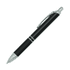 A metal pen featuring a sleek black design with silver accents and a textured grip.