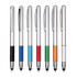 A collection of seven stylus pens in various colours, featuring silver bodies and textured grips. Each pen has a clip and a logo.