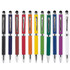 A variety of metal pens in different colours including black, red, orange, yellow, green, blue, and white, featuring logo branding.