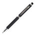 A black metal pen with a silver clip and accents, featuring a stylus tip. There is branding on the pen.