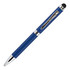 A blue metal pen with a silver clip and a stylus tip, featuring a logo.