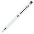 A white metal pen with a glossy finish and a silver clip, featuring a stylus tip at one end.