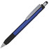 A blue stylus pen with a silver clip and a black rubber grip, featuring a logo on the barrel.