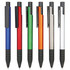 A collection of six plastic pens in blue, red, green, orange, silver, and black, featuring rubber grips and clips.