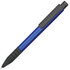 A blue plastic pen with a black grip and clip, featuring a logo on the side.