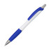 A plastic pen with a white body and blue accents, featuring a textured grip and chrome trim.