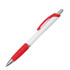 A plastic pen featuring a white barrel and a textured red grip, complemented by a red clip and silver accents.