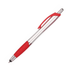 A stylus pen with a silver body and a red rubber grip, featuring a clip and a logo.
