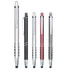 A collection of metal pens in silver, black, red, and chrome finishes, featuring a clip and a logo.