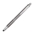 A metal pen with a sleek silver design and a black grip, featuring a stylus tip. It has a branding logo.