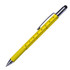 A yellow metal pen with a ruler design along the barrel and a stylus tip, featuring a silver clip and accents.