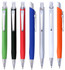 A collection of metal pens in green, black, red, blue, orange, and white, featuring a silver clip and accent.
