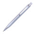 A metal pen with a sleek grey body and chrome accents, featuring a clip for easy attachment.