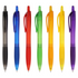 A set of Flare pens in black, blue, red, green, orange, and yellow, featuring a textured grip and click mechanism.