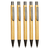 Five wooden pens with a natural finish and black accents, featuring a sleek design and clips for ease of use.