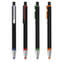 Four sleek stylus pens in black, featuring coloured accents in blue, red, green, and orange, with chrome details.