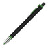 A stylus pen in black with green accents, featuring a sleek design and a clip. It includes a logo.