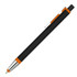 A sleek black stylus pen with orange accents and a silver clip, featuring a textured grip.