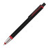 A black stylus pen with red accents, featuring a metallic clip and a smooth finish. It includes a branding logo.