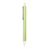 A plastic pen in vibrant green with a silver clip, featuring a ballpoint tip and a streamlined design.