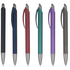 A collection of plastic pens in black, navy, red, teal, purple, and grey, each with a shiny metal tip and clip.