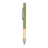 A metal pen featuring a green barrel, bamboo grip, and silver accents. It includes a clip and branding on the barrel.