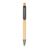 A wooden pen in a natural finish with a black clip and a silver nib. It features a logo on the barrel.