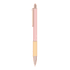 A wooden pen featuring a pink body with a gold clip and tip. The pen also has a logo.