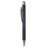A metal pen in dark blue with a chrome clip and tip, featuring a textured grip. It has a logo on the side.