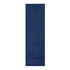 A navy blue gym towel with a textured surface and a border at one end, featuring a logo.