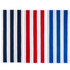 Three striped blankets in navy blue, red, and light blue, featuring alternating vertical stripes. Each blanket has a logo.