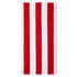 A striped blanket featuring alternating red and white vertical stripes, with a visible logo in one corner.