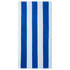 A striped blanket featuring alternating blue and white stripes, with a logo present on the design.