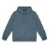 A blue unisex hoodie with a front zip and pockets, featuring a hood and ribbed cuffs. It includes a logo.