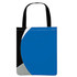 A blue tote bag featuring a geometric design with black and grey accents. It has two black handles.