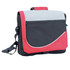 A messenger bag in black with grey and red accents, featuring a shoulder strap and a front zip pocket.