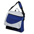 A messenger bag in navy blue and white with a shoulder strap and front pocket. It features a flap closure.
