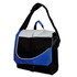 A messenger bag featuring a blue, grey, and black design, with an adjustable strap and front flap.