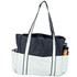 A large black and grey tote bag with sturdy handles, featuring multiple pockets and a drink bottle holder.