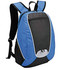 A backpack featuring black and blue panels, with adjustable straps and a front zip pocket. It includes a logo.