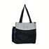 A tote bag featuring a grey and black design with long black straps and a side pocket for a drink bottle.