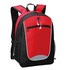 A red and black backpack featuring a front zip pocket and mesh side pockets, complete with headphone access.